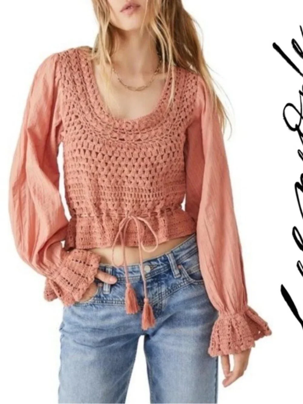 Free People Crochet Feminine Long Sleeve Top Boho Puff Sleeve Vintage